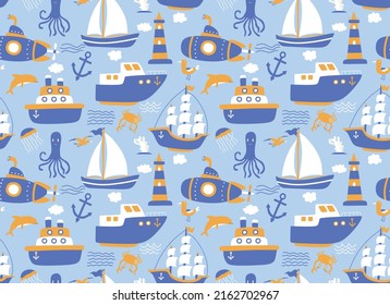 Seamless pattern with ships. 	
Seamless pattern in the concept of children's drawings.