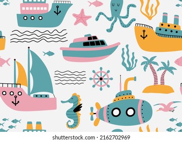 Seamless pattern with ships. 	
Seamless pattern in the concept of children's drawings.