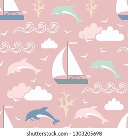 Seamless pattern with ships and dolphins. Cute children's drawing. Romance. Vector illustration.