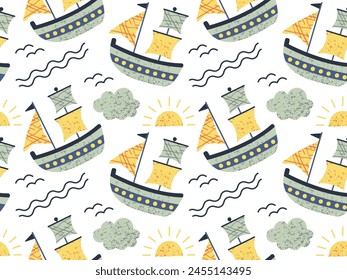 Seamless pattern of ships. Doodle style childish ship. Marine transport clipart. Collection of cute ships.