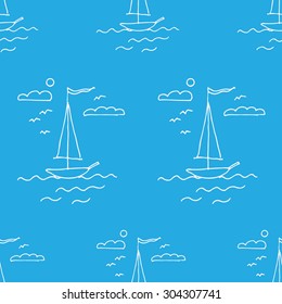 Seamless pattern with ships. Drawing from the clouds, the sun, seagulls, sea and sailing.