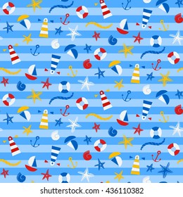 Seamless pattern with ships, lighthouses and other sea elements. Vector illustration.