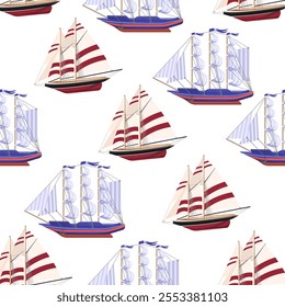 Seamless pattern of ships with sails on a white background.Vector pattern for textiles,screensavers,and summer designs.
