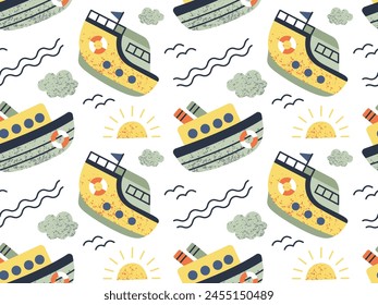 Seamless pattern of ships, speedboat, yacht. Doodle style childish ship. Marine transport clipart. Collection of ships.