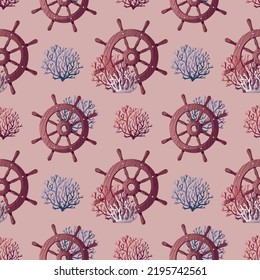 Nahtloses Muster mit dem Lenkrad und den Korallen des Schiffes. Meeresnaturkonzept.Vektorgrafik. Perfekt für Produktdesign, Tapete, Scrapbooking, Textilien, Verpackungspapier.