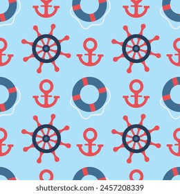 Seamless pattern with a ship's steering wheel and nautical objects on a blue background. Vector illustration on transparent background for print, textile, wrapping paper, wallpaper