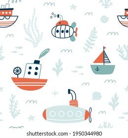 Seamless pattern with ships, submarines, sailboat, yacht. Sea transport. Cute cartoon marine pattern for textile, fabric. Childish print. Vector illustrations