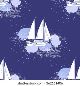 Seamless pattern with ships and travel elements. Hand drawn vector illustration