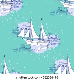 Seamless pattern with ships and travel elements. Hand drawn vector illustration
