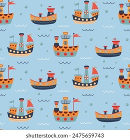 Seamless pattern with ships, waves and bubbles. Cute Marine pattern for fabric, baby clothes, background, textile, wrapping paper. Nursery art style.