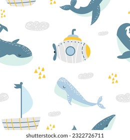 Seamless pattern with ships and whales. Creative children's texture in Scandinavian style. Submarine, sea animals, clouds. Suitable for fabric, textiles, baby clothes. Vector illustration.