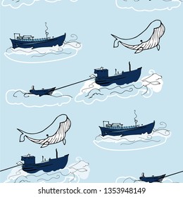 seamless pattern with ships and whales on a sea background. Cute hand-drawn pattern for kid's fabrics, textiles, interior design, wallpapers, kid's room decor and party decorations in a nautical style