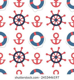 Seamless pattern with ship's wheel, anchor and lifebuoy. Vector illustration on transparent background for print, textile, wrapping paper, wallpaper