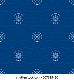 Seamless Pattern with a Ship's Wheel  on a Background of Waves, a Ship's Wheel  in the Middle of a Rope on a Blue Background ,  Pattern with Marine Element for Web Design or Wallpaper or Fabric