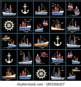 Seamless pattern of ships working in the harbor,