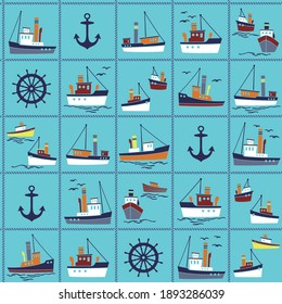 Seamless pattern of ships working in the harbor,