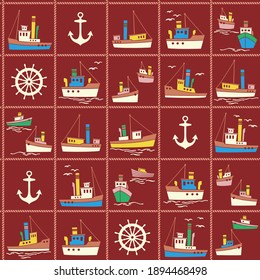 Seamless pattern of ships working in the harbor,