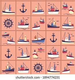 Seamless pattern of ships working in the harbor,