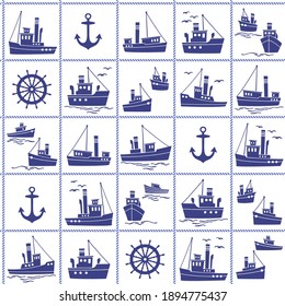Seamless pattern of ships working in the harbor,