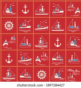 Seamless pattern of ships working in the harbor,