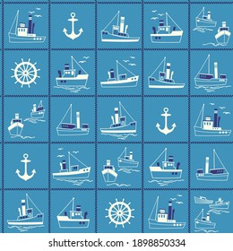 Seamless pattern of ships working in the harbor,