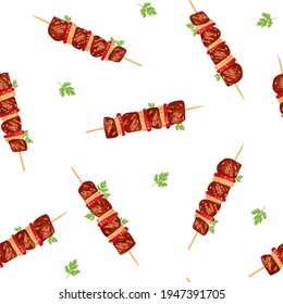 Seamless pattern shish kebab on skewers with onions and tomatoes. Vector illustrations