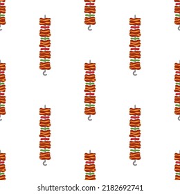 seamless pattern shish kebab on skewers with papper and tomato, vector illustration of grilled skewer kebab in flat style