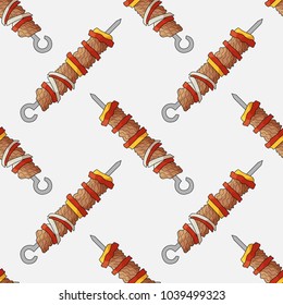 Seamless pattern of shish kebabs.  Made in the style of a sketch. Vector illustration.