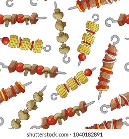 Seamless pattern of shish kebabs.  Made in the style of a sketch. Vector illustration.