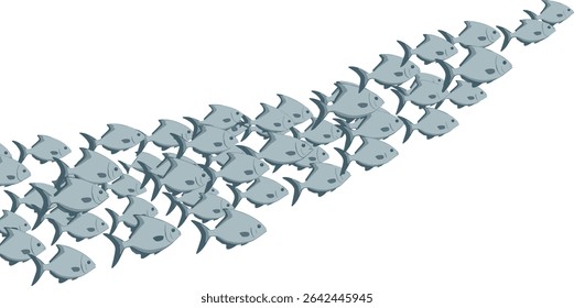 Seamless Pattern with Shoal of Fishes on isolated background. Hand drawn watercolor illustration with wavy line. Sea Border for banner or ornament in blue colors. Undersea drawing for backdrop