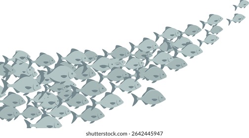Seamless Pattern with Shoal of Fishes on isolated background. Hand drawn watercolor illustration with wavy line. Sea Border for banner or ornament in blue colors. Undersea drawing for backdrop
