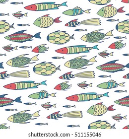 Seamless pattern with shoal of small different fishes on white background. Handmade cartoon style. Vector illustration