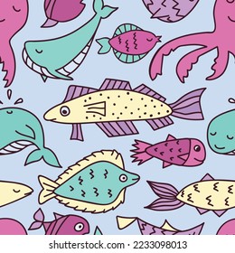 Patrón sin foco con zapatos de pescado. Imprimir para textil, cubiertas, superficie. Para tela de moda. Patrón de vida del mar