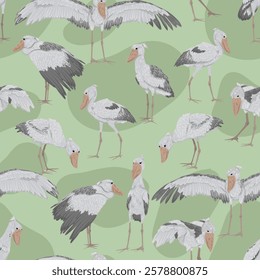 Seamless pattern with Shoebill Balaeniceps rex. Realistic large water bird