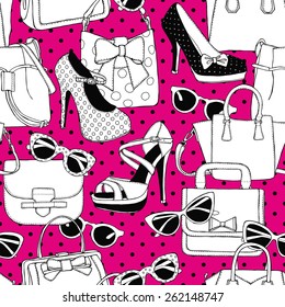 Seamless Pattern Shoes Bags Glasses Black  White  Pink