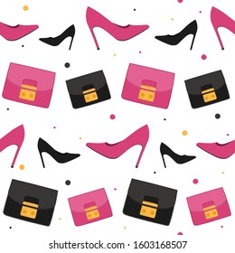 Seamless pattern of shoes and bags, pink and black colors