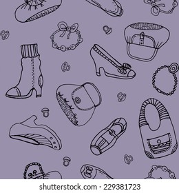 Seamless pattern with shoes and bags violet