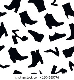 Seamless pattern with shoes. Black seamless pattern with shoes in trendy style on white background. Beautiful fashion art.