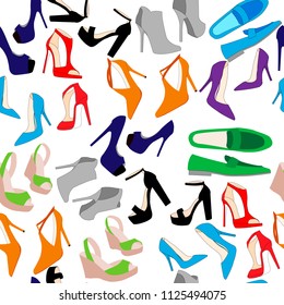 Seamless pattern of shoes and boots. Background for wrapping paper and sales packages. Vector illustration. Cartoon flat style