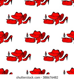 Seamless pattern, shoes, clutch bag, hat and bright red lipstick, illustration, vector stock.