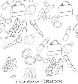 Seamless pattern shoes, glasses, bag, make up brush, powder, lipstick, parfume
