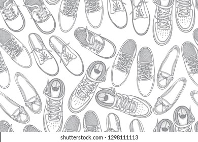 Seamless Pattern With Shoes. Hand Drawn Gumshoes