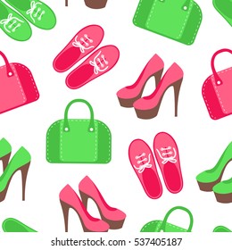 Seamless pattern with shoes and handbags. Flat vector illustration of women's accessories.