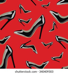 Seamless pattern shoes on a red background, randomly arranged