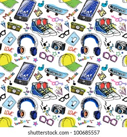 Seamless pattern with shoes, photo cameras, glasses, stars