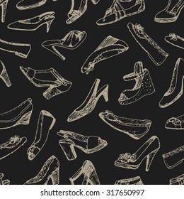 Seamless pattern of shoes set. Sketch, doodle graphic. Shopping illustration.
