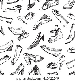 Seamless pattern of shoes. Sketch, doodle graphic. Shopping illustration.