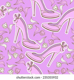 Seamless pattern with shoes and tulips