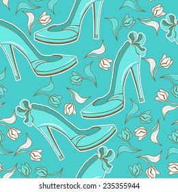 Seamless pattern with shoes and tulips