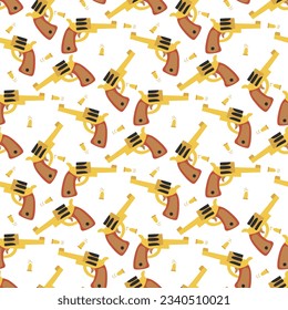 Nahtloses Muster mit Drehrevolver und Kugeln im Cartoon-Stil auf weißem Hintergrund, Sand-Farbschema. Cowboy Thema, Western, wilder Westen, Schießen. Verpackungsdruck